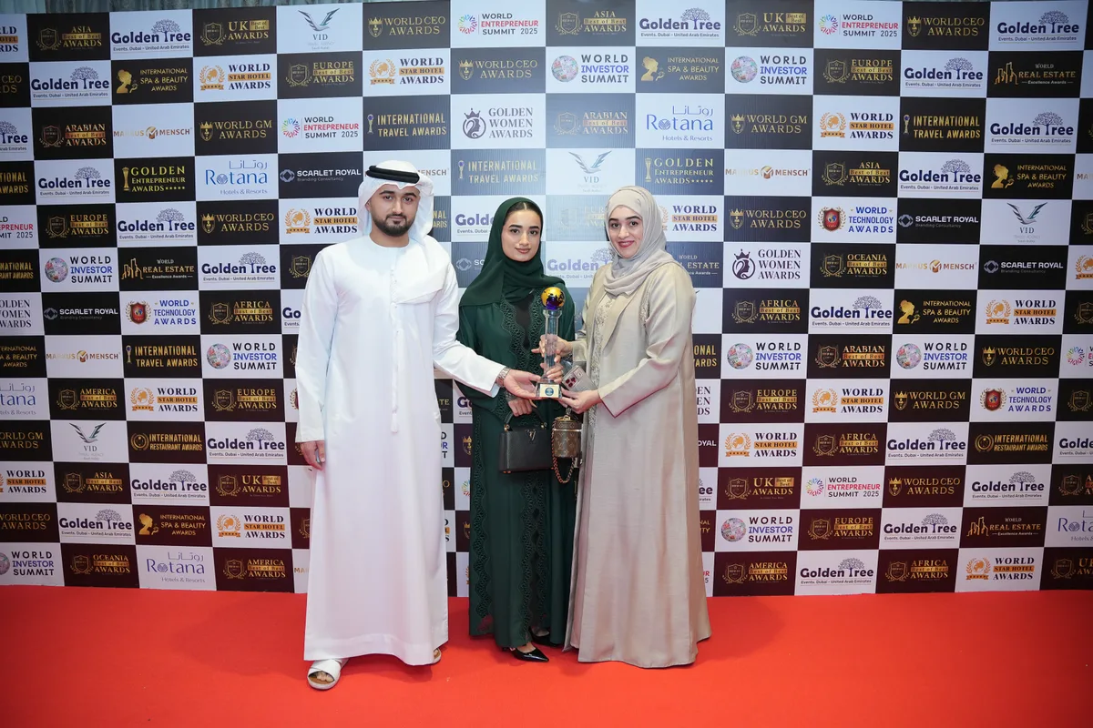 Women leaders receiving Golden Women Award trophies at the prestigious gala ceremony in Dubai